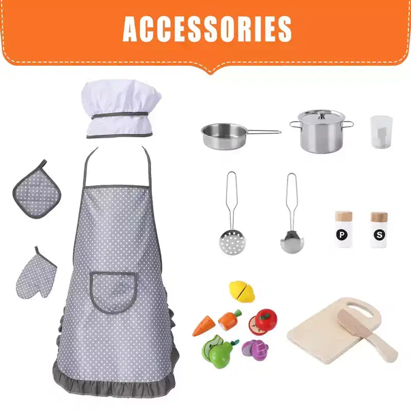 Cuisine Enfant en Bois, Dinette en Bois avec 20 Accessoires de Cuisine, Set de Cuisine en Bois Gris