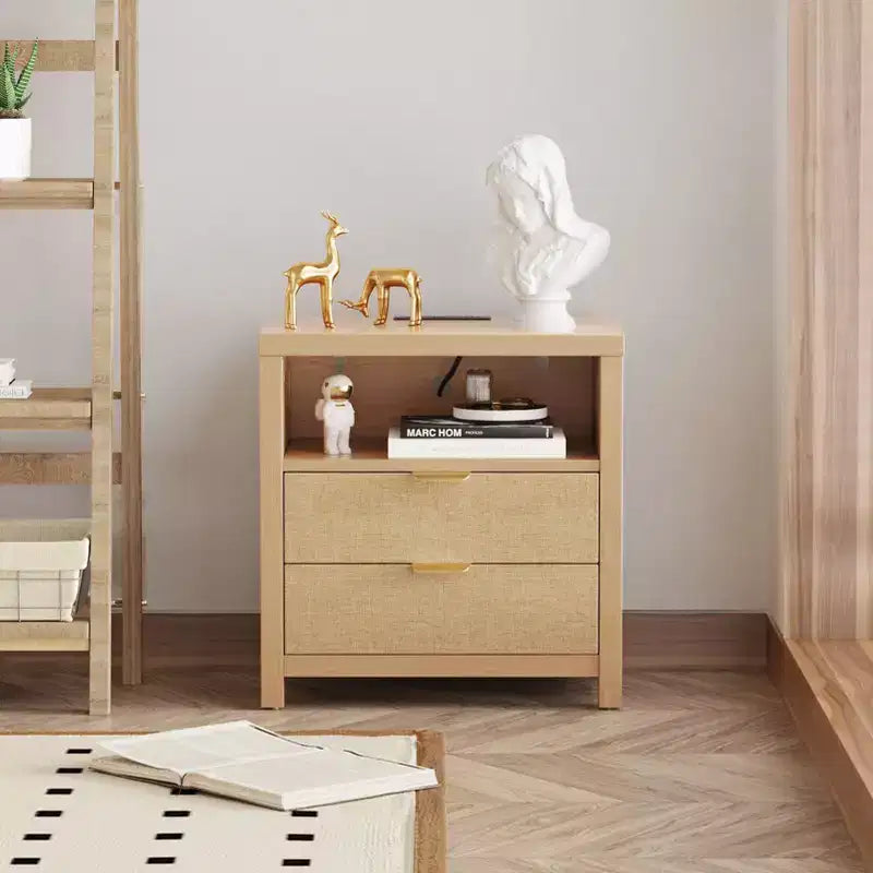 Table de chevet 2 tiroirs avec station de charge, étagère de rangement, table de chevet en bois de chêne naturel, table d'appoint de ferme moderne, meuble de chambre USB