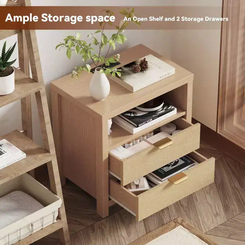 Table de chevet 2 tiroirs avec station de charge, étagère de rangement, table de chevet en bois de chêne naturel, table d'appoint de ferme moderne, meuble de chambre USB