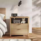 Table de chevet 2 tiroirs avec station de charge, étagère de rangement, table de chevet en bois de chêne naturel, table d'appoint de ferme moderne, meuble de chambre USB