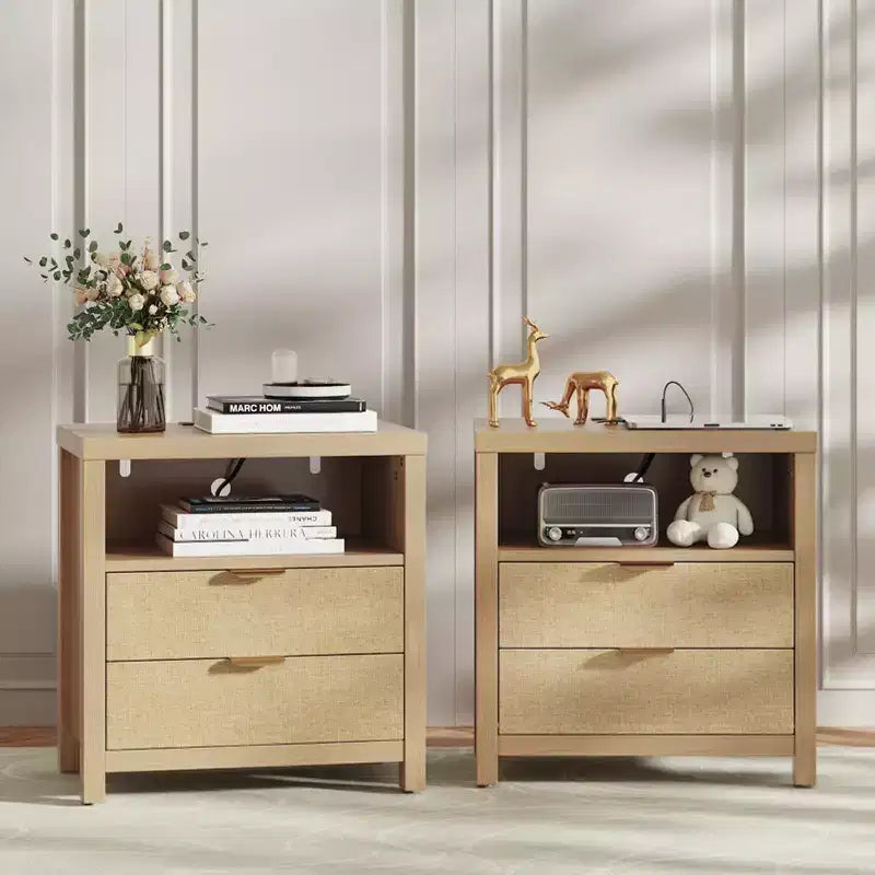 Table de chevet 2 tiroirs avec station de charge, étagère de rangement, table de chevet en bois de chêne naturel, table d'appoint de ferme moderne, meuble de chambre USB