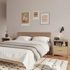 Table de chevet 2 tiroirs avec station de charge, étagère de rangement, table de chevet en bois de chêne naturel, table d'appoint de ferme moderne, meuble de chambre USB