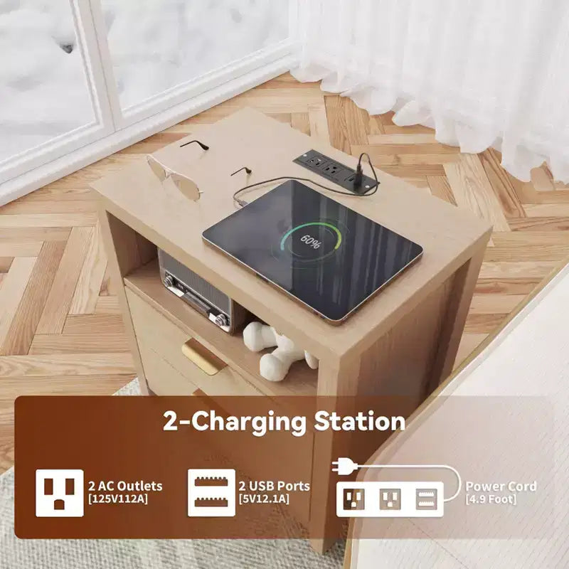 Table de chevet 2 tiroirs avec station de charge, étagère de rangement, table de chevet en bois de chêne naturel, table d'appoint de ferme moderne, meuble de chambre USB