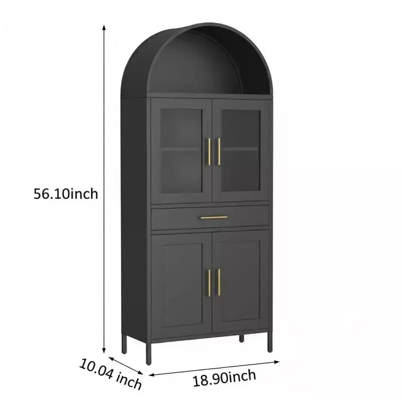 GustoWave Armoire noire cintrée avec portes vitrées – Meuble de rangement de cuisine en métal avec tiroir et étagères réglables