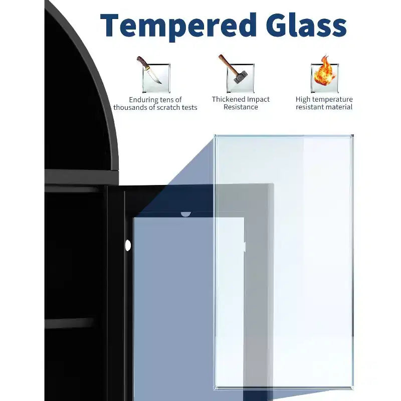 GustoWave Armoire noire cintrée avec portes vitrées – Meuble de rangement de cuisine en métal avec tiroir et étagères réglables