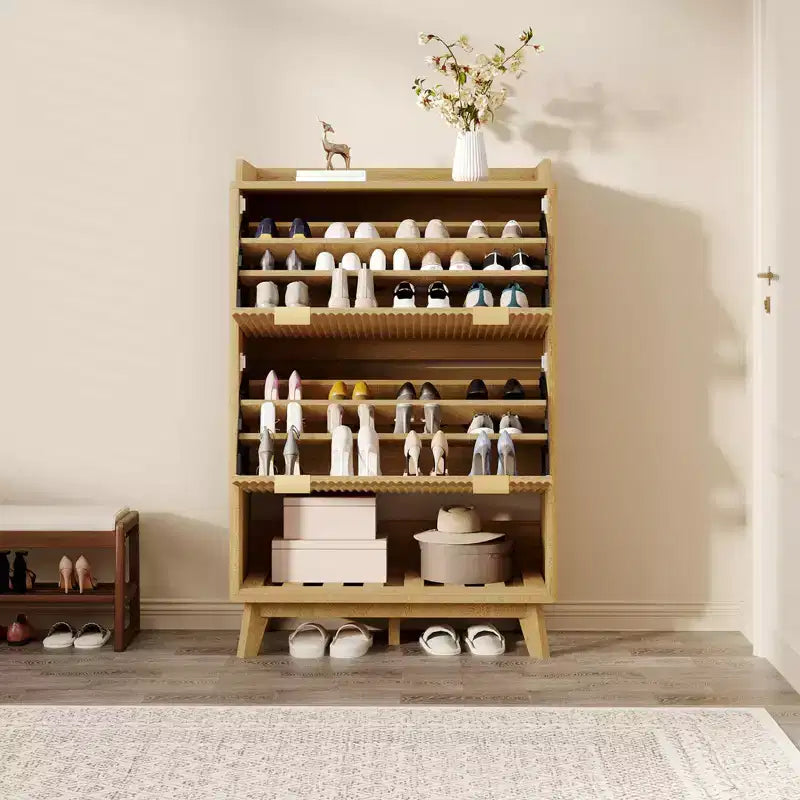 Meuble de rangement pour chaussures, Armoire à chaussures haute et étroite de 48 cm avec façades cannelées, étagère inférieure ouverte, 2 tiroirs basculants, étagères réglables, profil incurvé