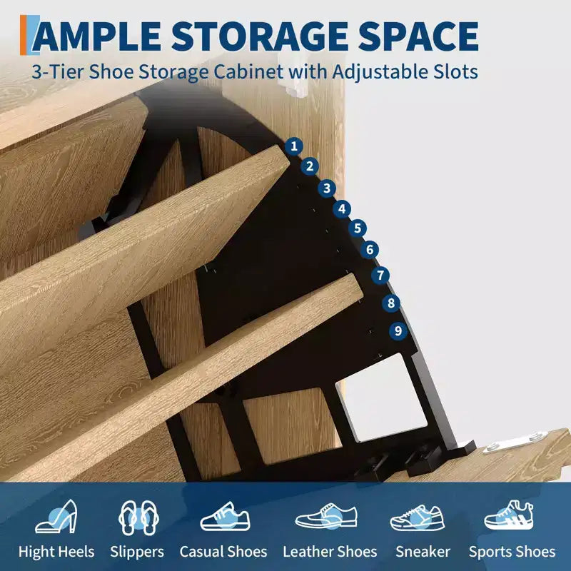 Meuble de rangement pour chaussures, Armoire à chaussures haute et étroite de 48 cm avec façades cannelées, étagère inférieure ouverte, 2 tiroirs basculants, étagères réglables, profil incurvé