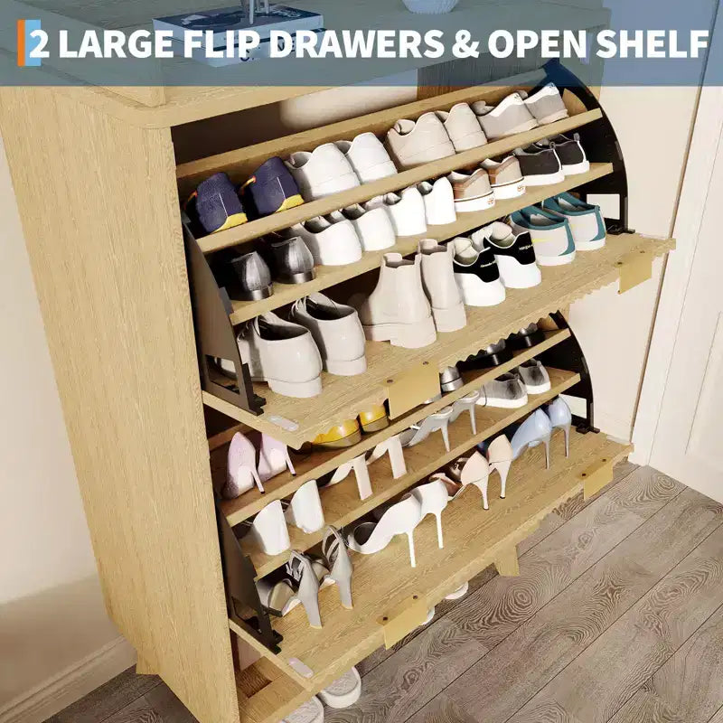 Meuble de rangement pour chaussures, Armoire à chaussures haute et étroite de 48 cm avec façades cannelées, étagère inférieure ouverte, 2 tiroirs basculants, étagères réglables, profil incurvé