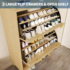 Meuble de rangement pour chaussures, Armoire à chaussures haute et étroite de 48 cm avec façades cannelées, étagère inférieure ouverte, 2 tiroirs basculants, étagères réglables, profil incurvé