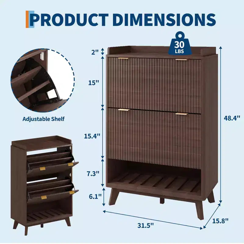 Meuble de rangement pour chaussures, Armoire à chaussures haute et étroite de 48 cm avec façades cannelées, étagère inférieure ouverte, 2 tiroirs basculants, étagères réglables, profil incurvé