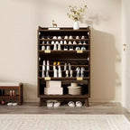 Meuble de rangement pour chaussures, Armoire à chaussures haute et étroite de 48 cm avec façades cannelées, étagère inférieure ouverte, 2 tiroirs basculants, étagères réglables, profil incurvé