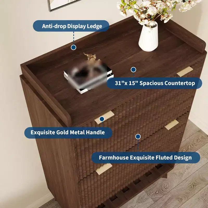 Meuble de rangement pour chaussures, Armoire à chaussures haute et étroite de 48 cm avec façades cannelées, étagère inférieure ouverte, 2 tiroirs basculants, étagères réglables, profil incurvé