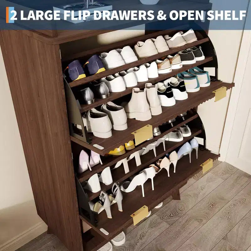 Meuble de rangement pour chaussures, Armoire à chaussures haute et étroite de 48 cm avec façades cannelées, étagère inférieure ouverte, 2 tiroirs basculants, étagères réglables, profil incurvé