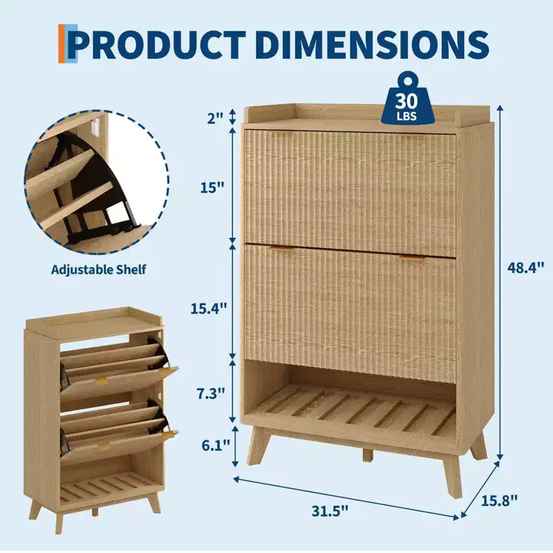 Meuble de rangement pour chaussures, Armoire à chaussures haute et étroite de 48 cm avec façades cannelées, étagère inférieure ouverte, 2 tiroirs basculants, étagères réglables, profil incurvé