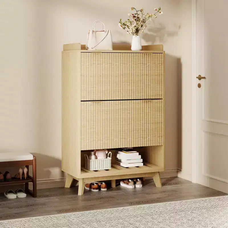 Meuble de rangement pour chaussures, Armoire à chaussures haute et étroite de 48 cm avec façades cannelées, étagère inférieure ouverte, 2 tiroirs basculants, étagères réglables, profil incurvé