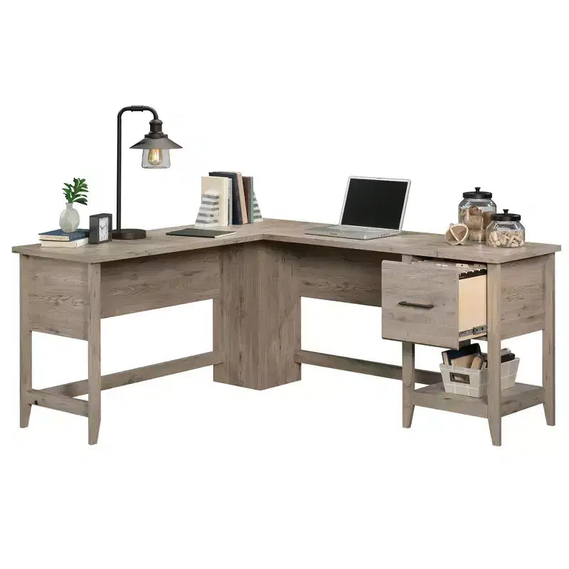 TUYOHW 58.66 Bureau d'angle en L, Bureau d'ordinateur avec tiroir de classement, étagère inférieure, passe-câbles, bureau pour bureau à domicile, étude, chambre à coucher