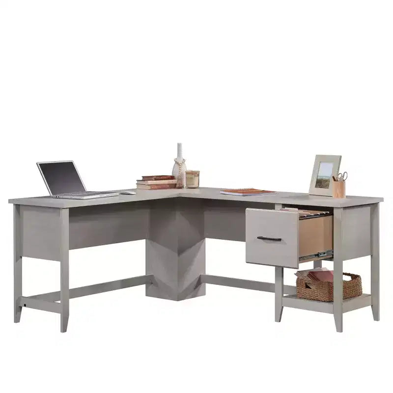 TUYOHW 58.66 Bureau d'angle en L, Bureau d'ordinateur avec tiroir de classement, étagère inférieure, passe-câbles, bureau pour bureau à domicile, étude, chambre à coucher