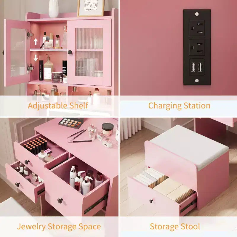 Coiffeuse compacte, Coiffeuse de maquillage avec miroir et lumières, Ensemble de coiffeuse blanche avec station de recharge, Petite coiffeuse pour filles et chaise de rangement