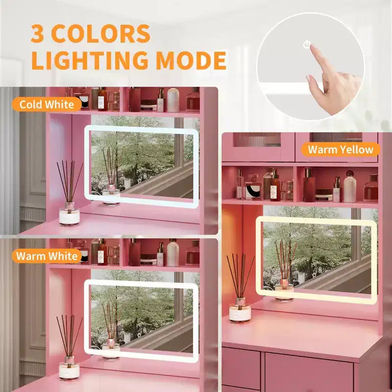 Coiffeuse compacte, Coiffeuse de maquillage avec miroir et lumières, Ensemble de coiffeuse blanche avec station de recharge, Petite coiffeuse pour filles et chaise de rangement