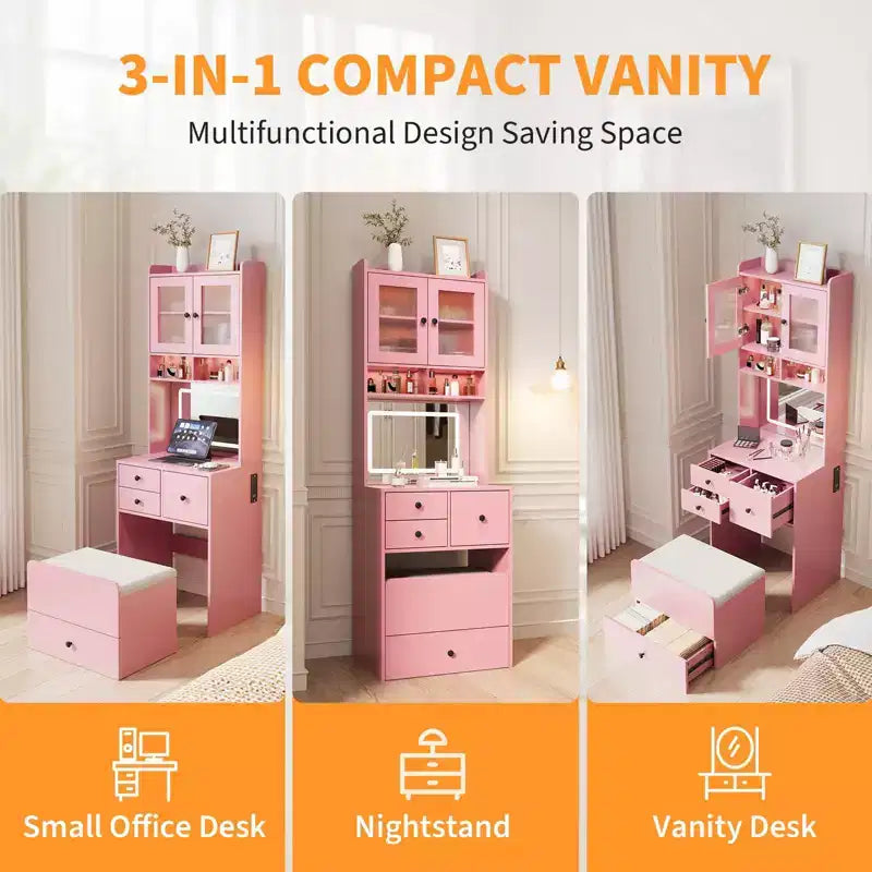 Coiffeuse compacte, Coiffeuse de maquillage avec miroir et lumières, Ensemble de coiffeuse blanche avec station de recharge, Petite coiffeuse pour filles et chaise de rangement