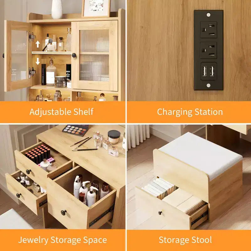 Coiffeuse compacte, Coiffeuse de maquillage avec miroir et lumières, Ensemble de coiffeuse blanche avec station de recharge, Petite coiffeuse pour filles et chaise de rangement