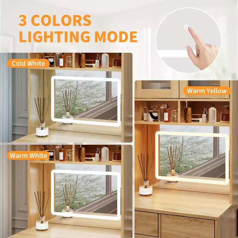 Coiffeuse compacte, Coiffeuse de maquillage avec miroir et lumières, Ensemble de coiffeuse blanche avec station de recharge, Petite coiffeuse pour filles et chaise de rangement