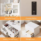 Coiffeuse compacte, Coiffeuse de maquillage avec miroir et lumières, Ensemble de coiffeuse blanche avec station de recharge, Petite coiffeuse pour filles et chaise de rangement