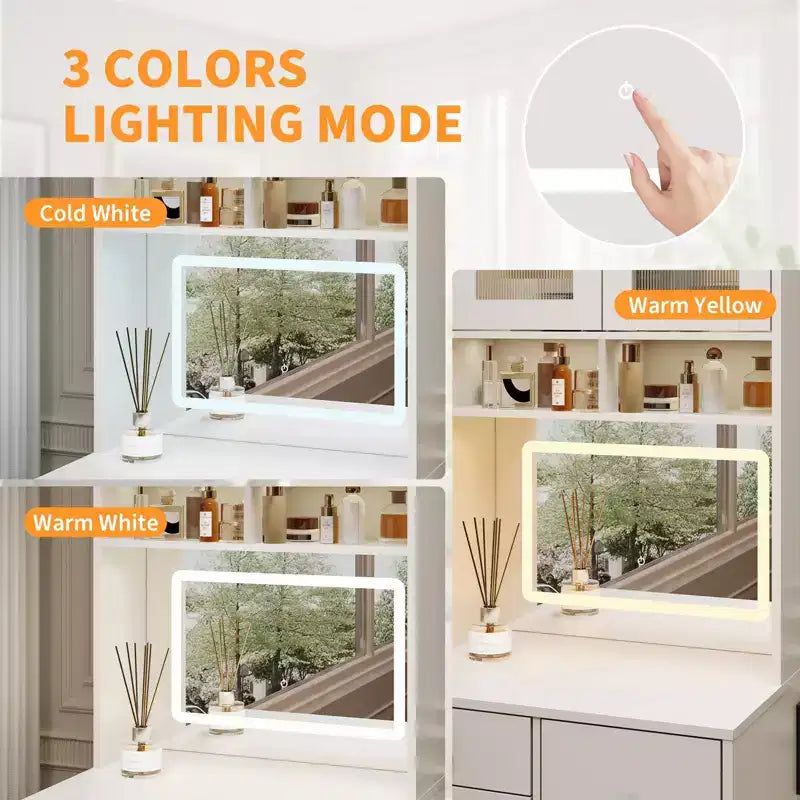 Coiffeuse compacte, Coiffeuse de maquillage avec miroir et lumières, Ensemble de coiffeuse blanche avec station de recharge, Petite coiffeuse pour filles et chaise de rangement