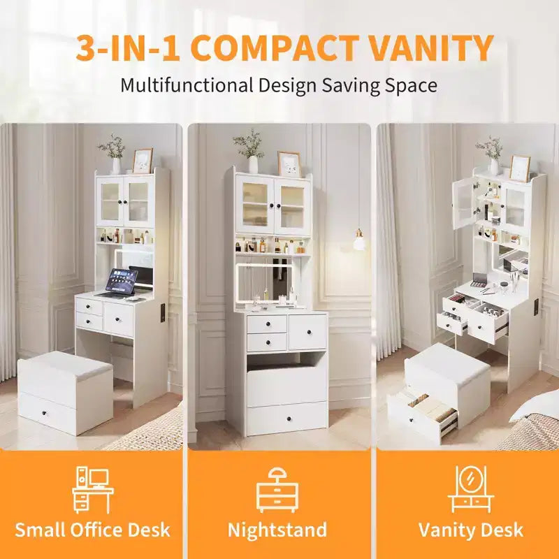 Coiffeuse compacte, Coiffeuse de maquillage avec miroir et lumières, Ensemble de coiffeuse blanche avec station de recharge, Petite coiffeuse pour filles et chaise de rangement