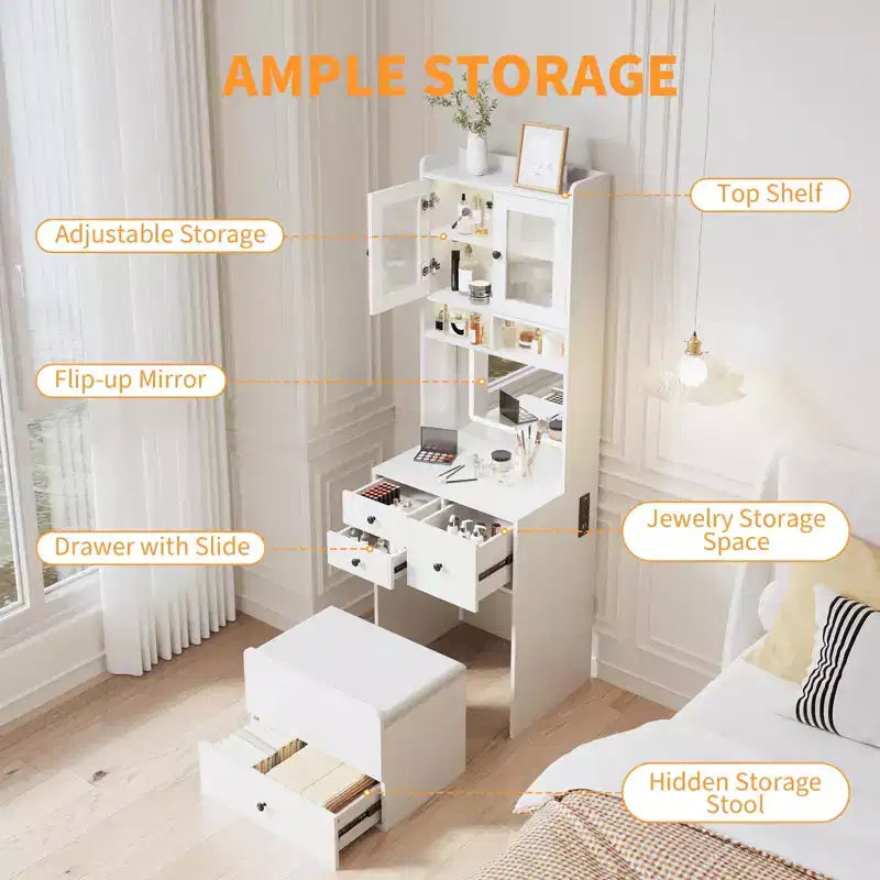 Coiffeuse compacte, Coiffeuse de maquillage avec miroir et lumières, Ensemble de coiffeuse blanche avec station de recharge, Petite coiffeuse pour filles et chaise de rangement