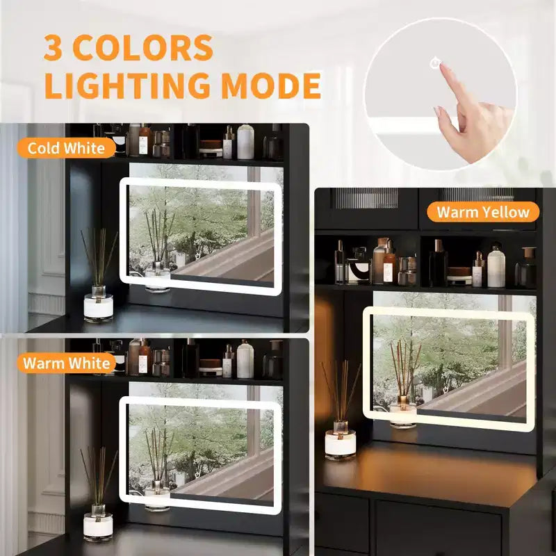 Coiffeuse compacte, Coiffeuse de maquillage avec miroir et lumières, Ensemble de coiffeuse blanche avec station de recharge, Petite coiffeuse pour filles et chaise de rangement