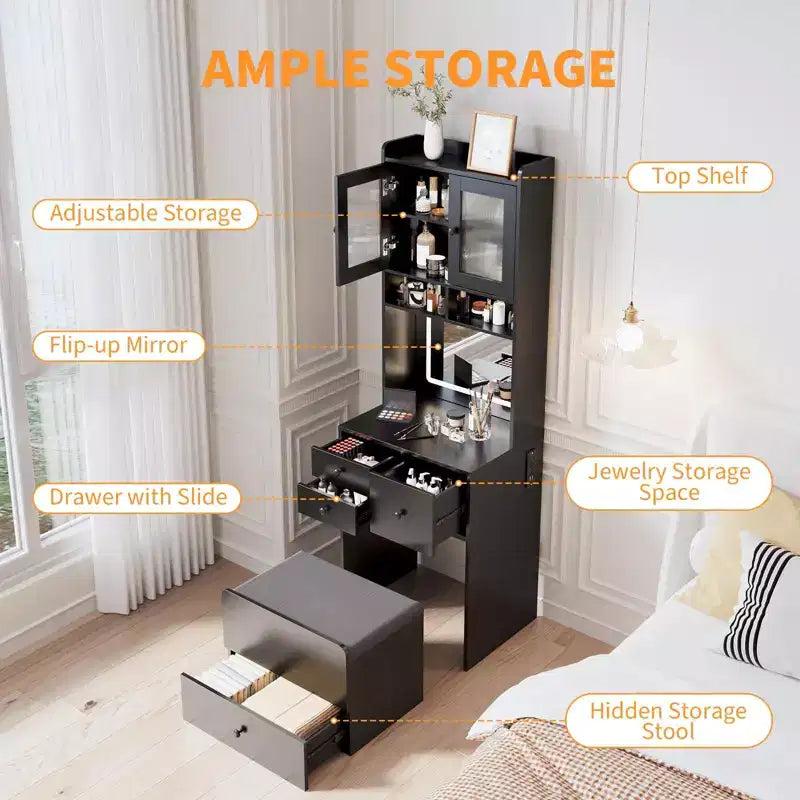 Coiffeuse compacte, Coiffeuse de maquillage avec miroir et lumières, Ensemble de coiffeuse blanche avec station de recharge, Petite coiffeuse pour filles et chaise de rangement