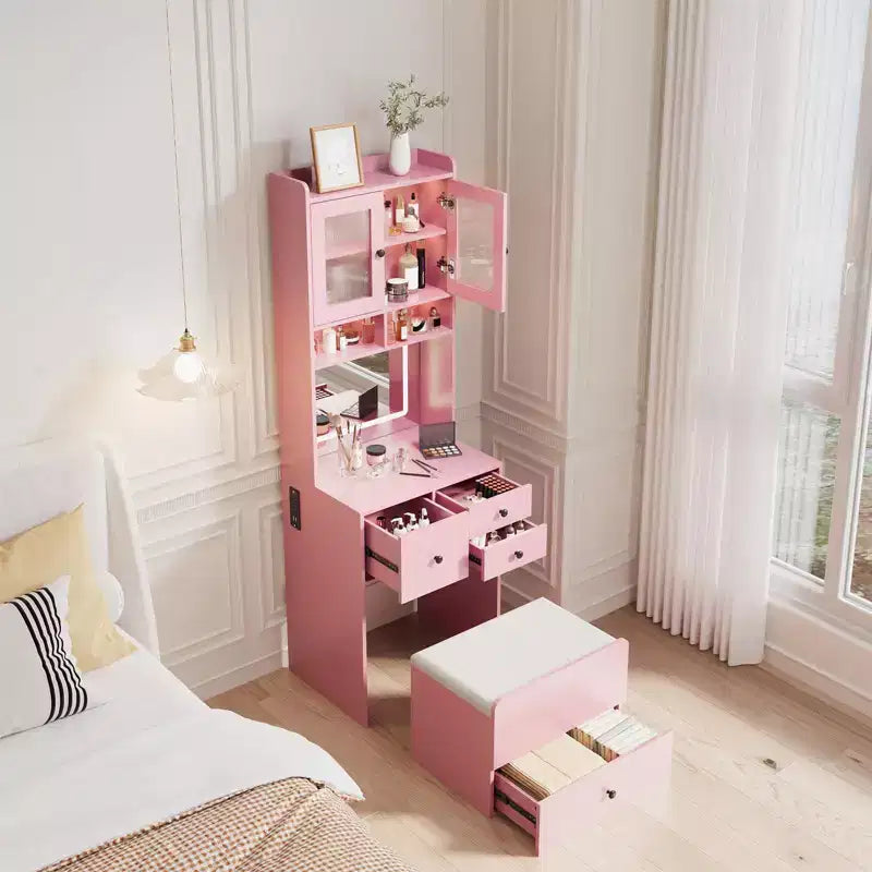 Coiffeuse compacte, Coiffeuse de maquillage avec miroir et lumières, Ensemble de coiffeuse blanche avec station de recharge, Petite coiffeuse pour filles et chaise de rangement