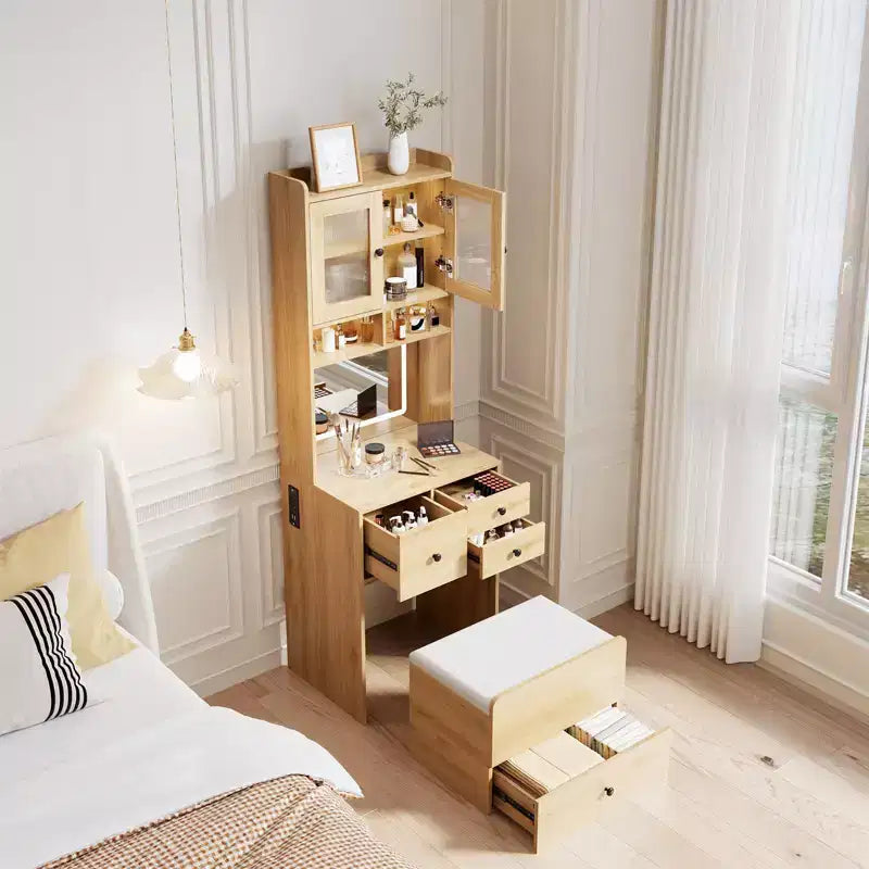 Coiffeuse compacte, Coiffeuse de maquillage avec miroir et lumières, Ensemble de coiffeuse blanche avec station de recharge, Petite coiffeuse pour filles et chaise de rangement