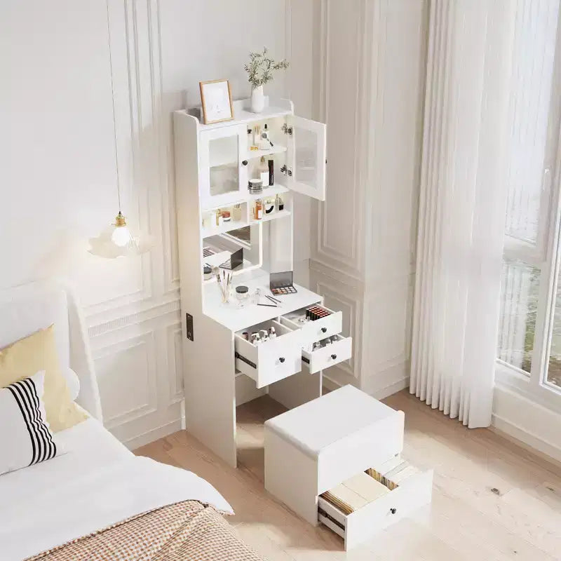 Coiffeuse compacte, Coiffeuse de maquillage avec miroir et lumières, Ensemble de coiffeuse blanche avec station de recharge, Petite coiffeuse pour filles et chaise de rangement