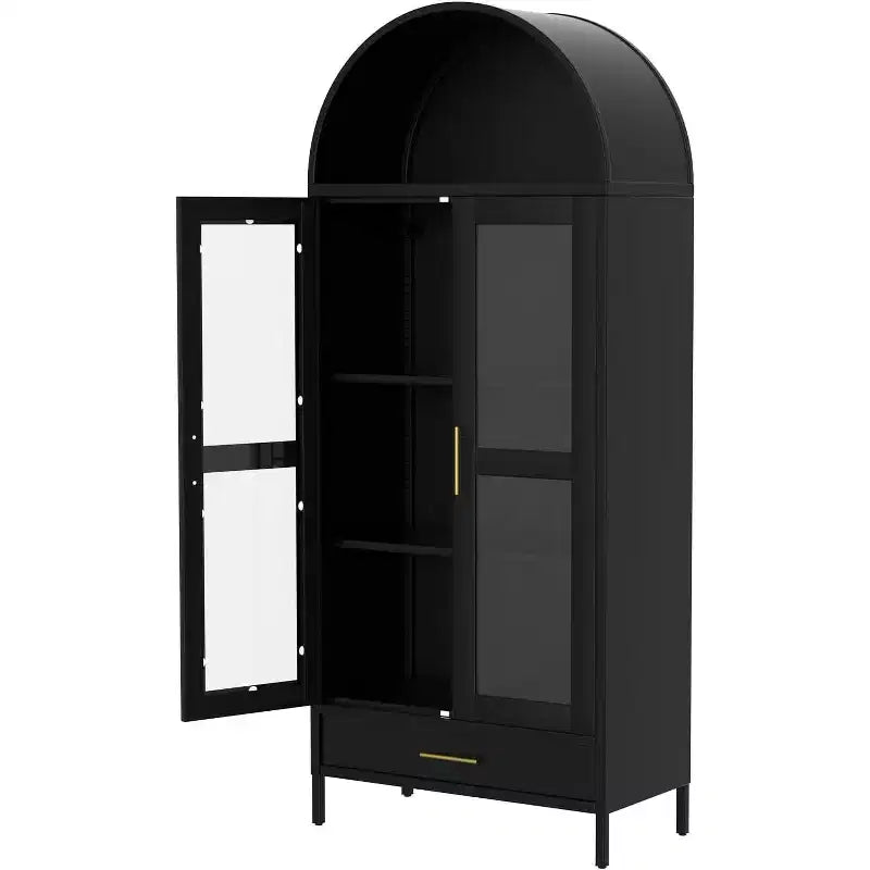 73 Tall Arched Metal Storage Cabinet with Glass Doors & Drawer, Freestanding Modern Pantry Cabinet with Adjustable Shelves, Accent Bookshelf