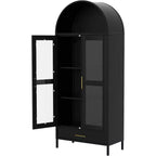 73 Tall Arched Metal Storage Cabinet with Glass Doors & Drawer, Freestanding Modern Pantry Cabinet with Adjustable Shelves, Accent Bookshelf