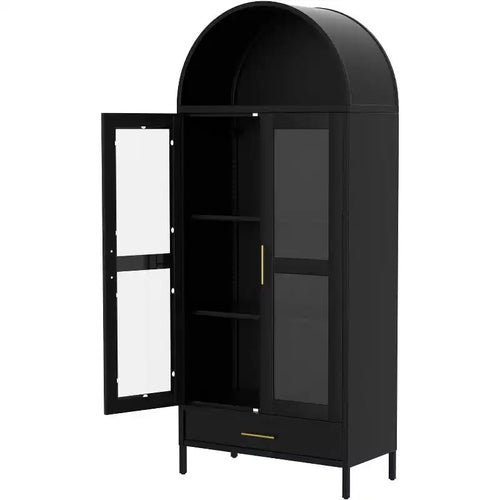 73 Tall Arched Metal Storage Cabinet with Glass Doors & Drawer, Freestanding Modern Pantry Cabinet with Adjustable Shelves, Accent Bookshelf