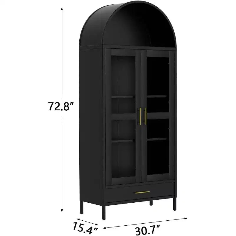 Armoire de rangement en métal à portes vitrées et tiroir, 73 po, Meuble de rangement autoportant avec étagères réglables, Bibliothèque d'appoint