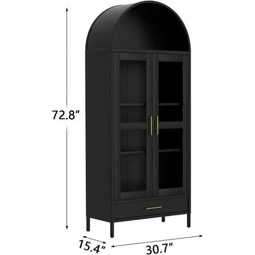 Armoire de rangement en métal à portes vitrées et tiroir, 73 po, Meuble de rangement autoportant avec étagères réglables, Bibliothèque d'appoint