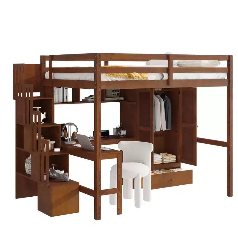 Lit mezzanine pleine grandeur en bois Whisen avec bureau, étagères de rangement, tiroir, escalier intégré et armoire