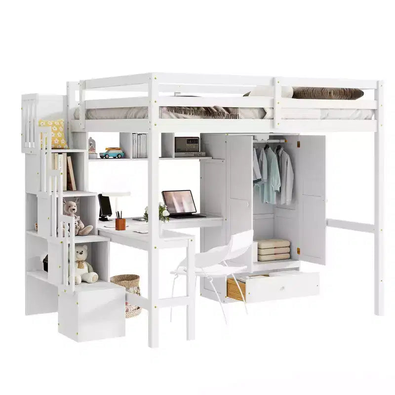 Lit mezzanine pleine grandeur en bois Whisen avec bureau, étagères de rangement, tiroir, escalier intégré et armoire