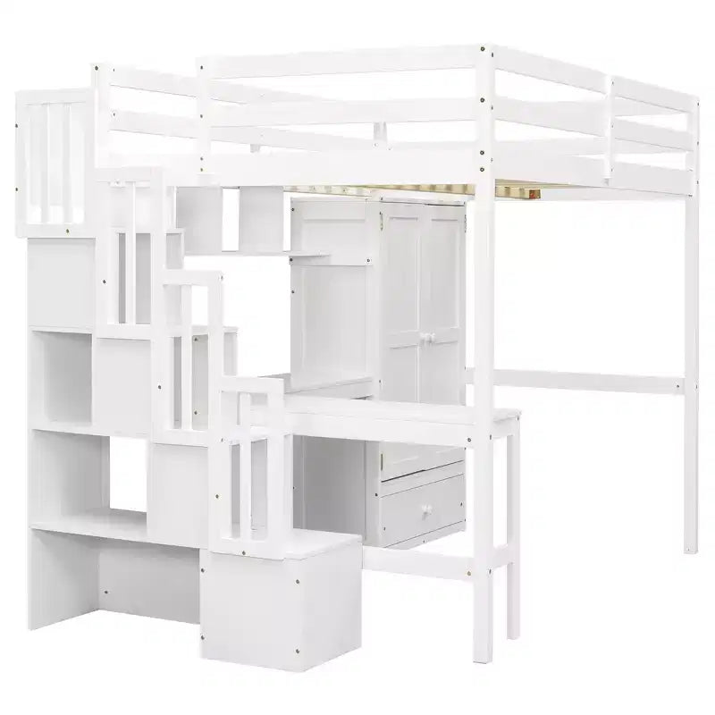 Lit mezzanine pleine grandeur en bois Whisen avec bureau, étagères de rangement, tiroir, escalier intégré et armoire