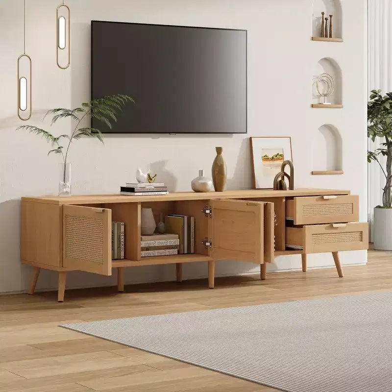 Meuble TV 178 cm, console média moderne avec portes en rotin, convient aux téléviseurs jusqu'à 80 pouces, rangement, 2 tiroirs, trous passe-câbles, meuble TV de salon