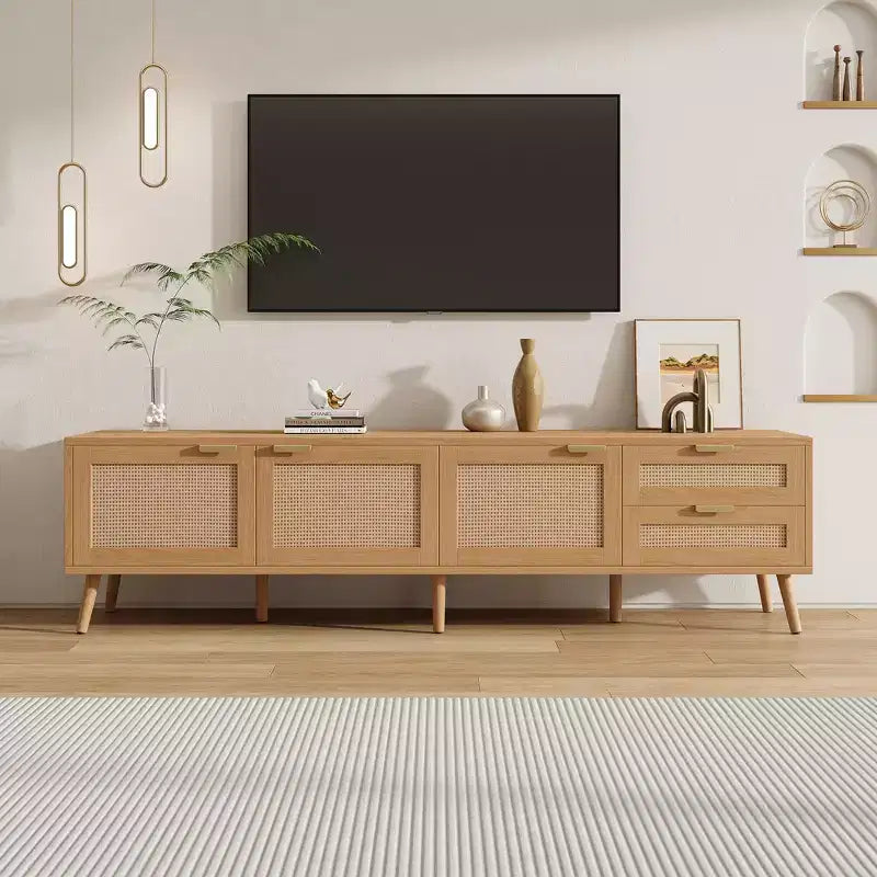 Meuble TV 178 cm, console média moderne avec portes en rotin, convient aux téléviseurs jusqu'à 80 pouces, rangement, 2 tiroirs, trous passe-câbles, meuble TV de salon