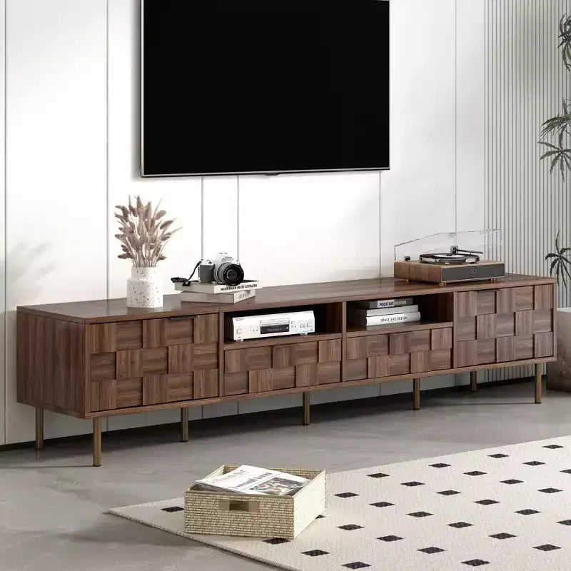 Meuble TV scandinave JVNOXK avec 2 tiroirs, console multimédia pour TV jusqu'à 85'', meuble de divertissement avec rangement pour salon, chambre à coucher
