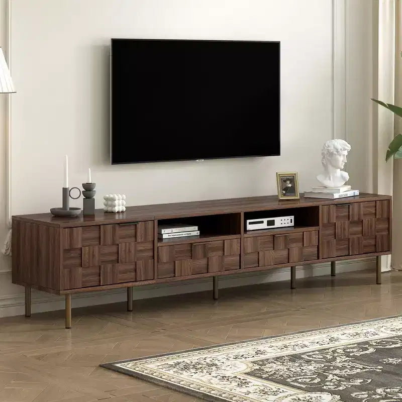 Meuble TV scandinave JVNOXK avec 2 tiroirs, console multimédia pour TV jusqu'à 85'', meuble de divertissement avec rangement pour salon, chambre à coucher