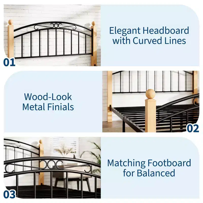 Cadre de lit avec tête de lit, lit plateforme en métal taille double avec lattes en acier, sommier tapissier non nécessaire, rangement sous le lit de 14 pouces