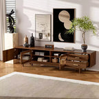 Meuble TV 198 cm, compatible avec les téléviseurs jusqu'à 85 pouces, console moderne avec portes en verre encastrées, 2 tiroirs, gestion des câbles, pieds en bois, pour salon