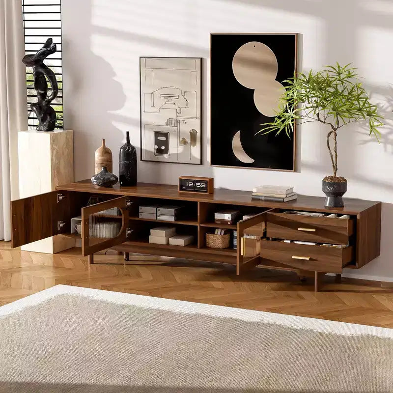 Meuble TV 198 cm, compatible avec les téléviseurs jusqu'à 85 pouces, console moderne avec portes en verre encastrées, 2 tiroirs, gestion des câbles, pieds en bois, pour salon